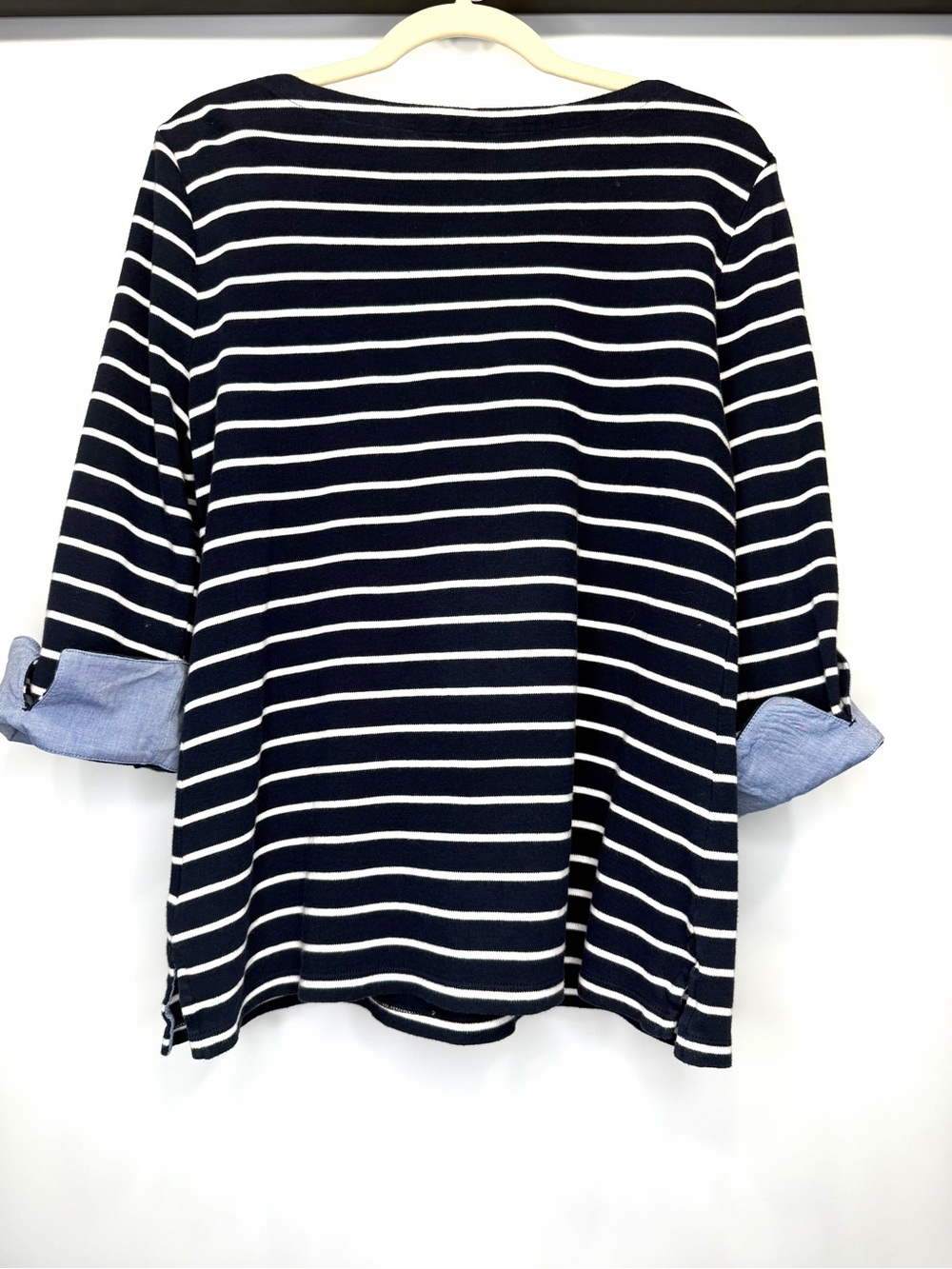Nautica 100% Cotton Navy & White Striped Roll Sleeve Top Size Large - Picture 10 of 11